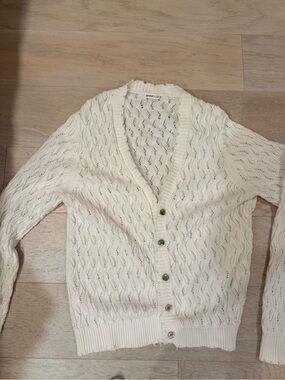 Minnie Rose Ivory Open-Knit Button Cardigan